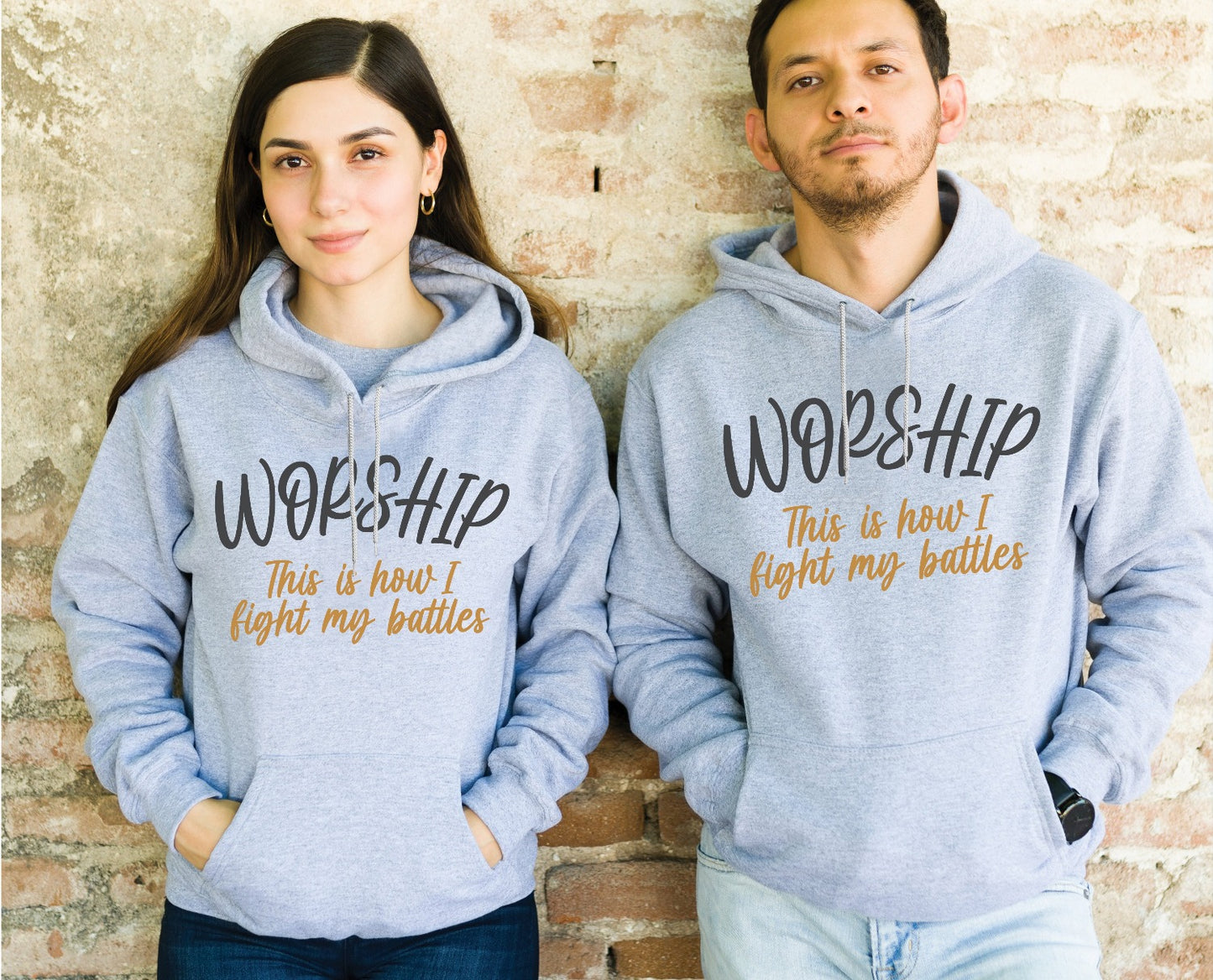 Worship This Is How I Fight My Battles Christian aesthetic design printed in charcoal and gold on cozy heather gray unisex hoodie for women and men, great gift for worship leaders
