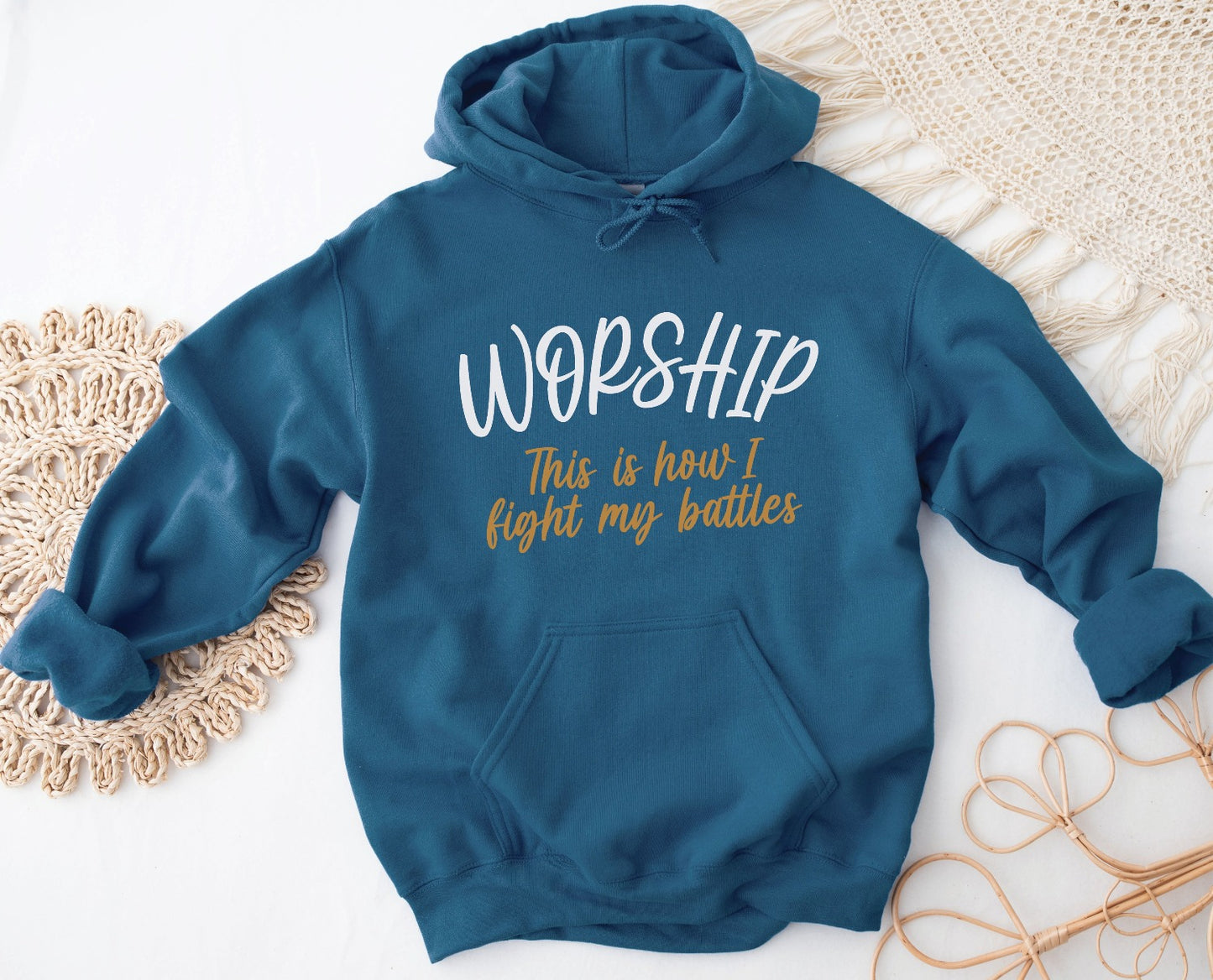 Worship This Is How I Fight My Battles Christian aesthetic design printed in white and gold on cozy indigo blue unisex hoodie for women and men, great gift for worship leaders