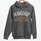 Worship This Is How I Fight My Battles Christian aesthetic design printed in white and gold on cozy heather dark gray unisex hoodie for women and men, great gift for worship leaders