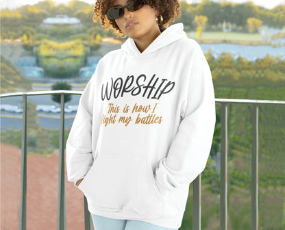 Worship This Is How I Fight My Battles Christian aesthetic design printed in charcoal and gold on cozy white unisex hoodie for women and men, great gift for worship leaders