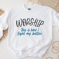 Worship This Is How I Fight My Battles Christian aesthetic unisex crewneck sweatshirt design printed in charcoal and teal on cozy white sweater for women, great gift for worship leaders
