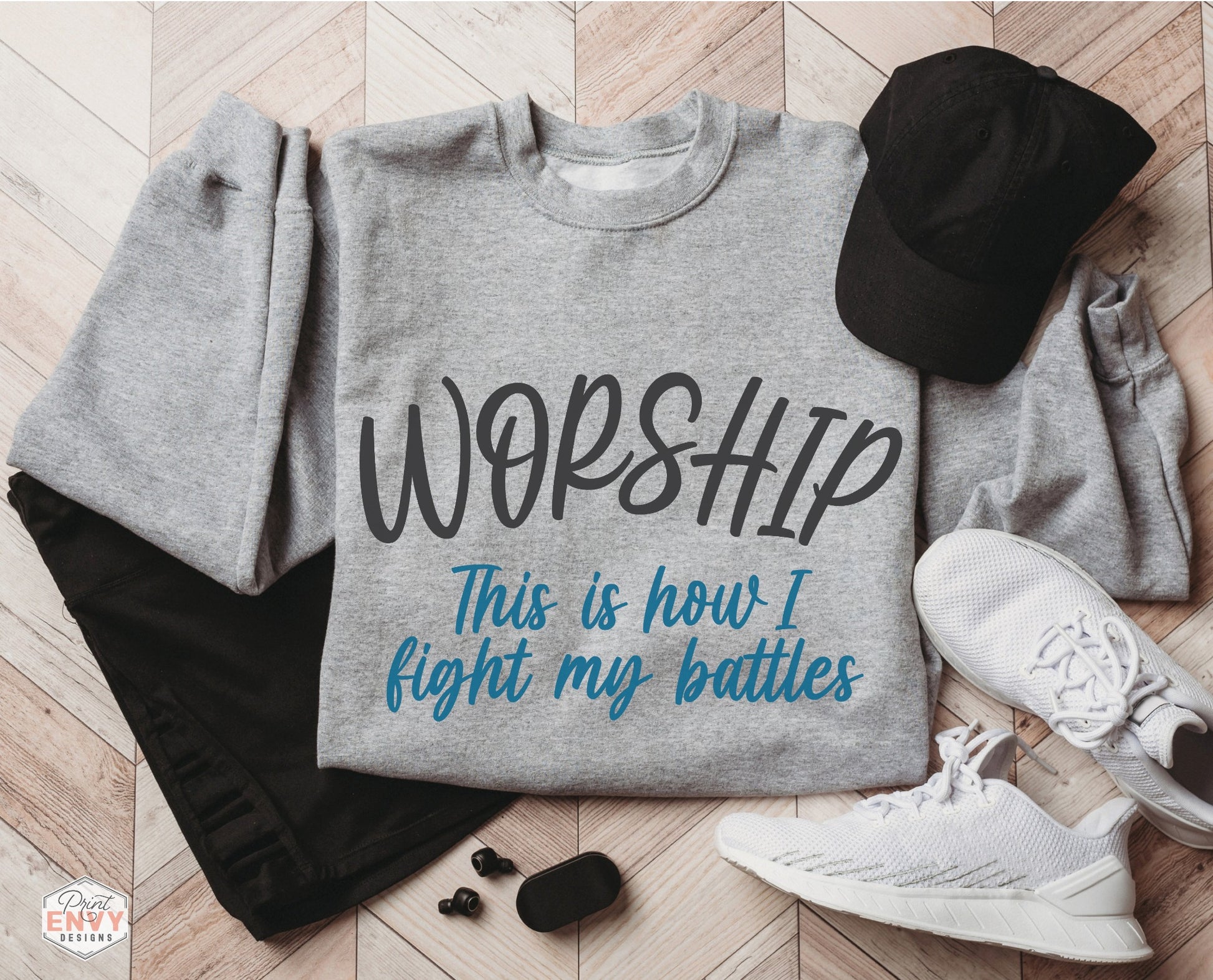 Worship This Is How I Fight My Battles Christian aesthetic unisex crewneck sweatshirt design printed in charcoal and teal on cozy heather gray sweater for women, great gift for worship leaders
