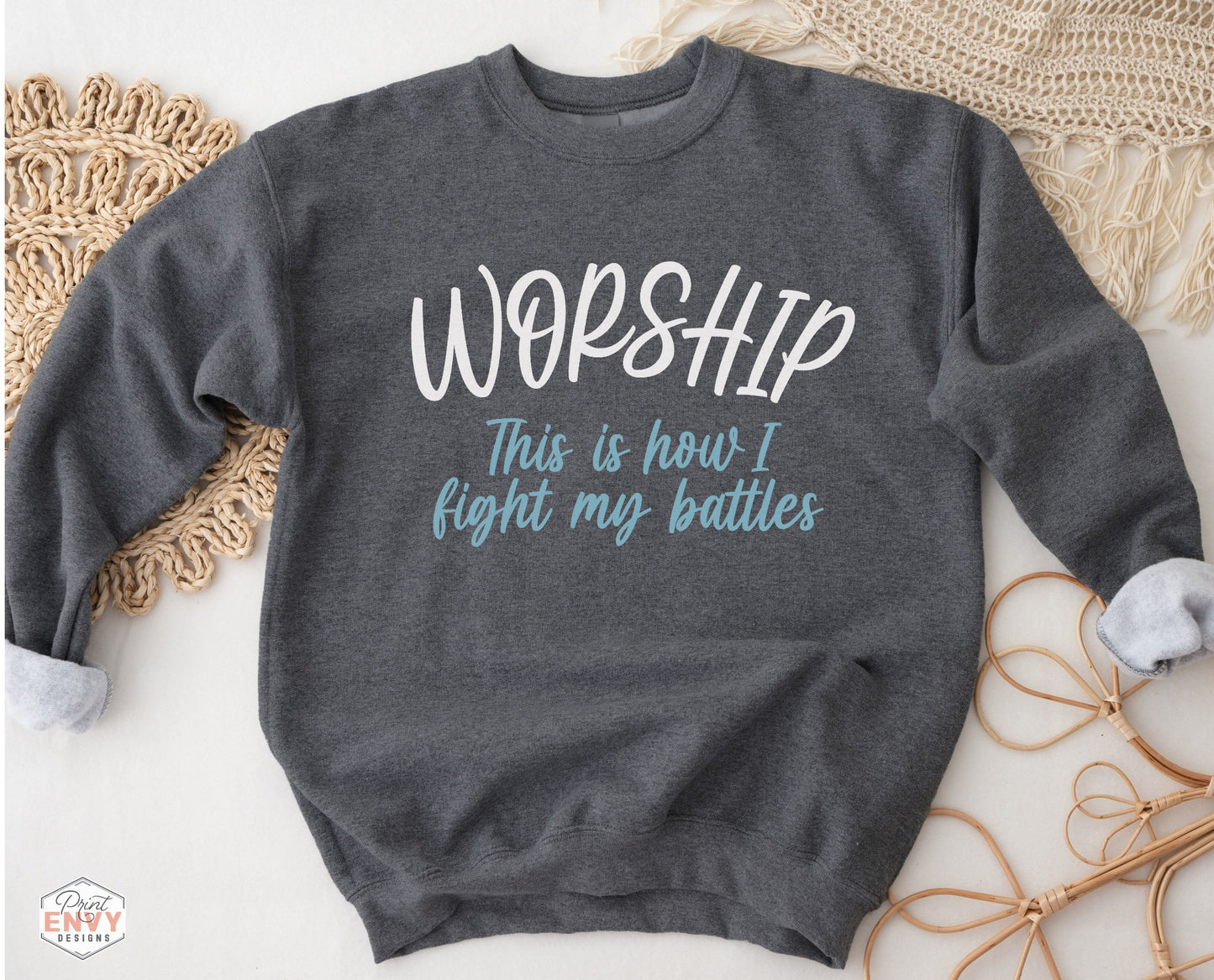 Worship This Is How I Fight My Battles Christian aesthetic unisex crewneck sweatshirt design printed in white and teal on cozy heather dark gray sweater for women, great gift for worship leaders