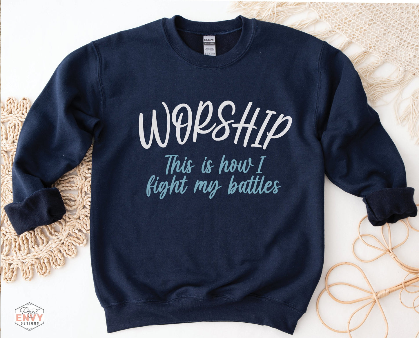 Worship This Is How I Fight My Battles Christian aesthetic unisex crewneck sweatshirt design printed in white and teal on cozy navy blue sweater for women, great gift for worship leaders