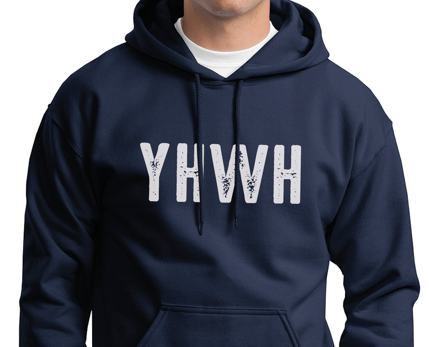 YHWH Hebrew Biblical Name of God Yahweh Christian aesthetic distressed design printed in white on cozy navy blue unisex hoodie sweatshirt for men