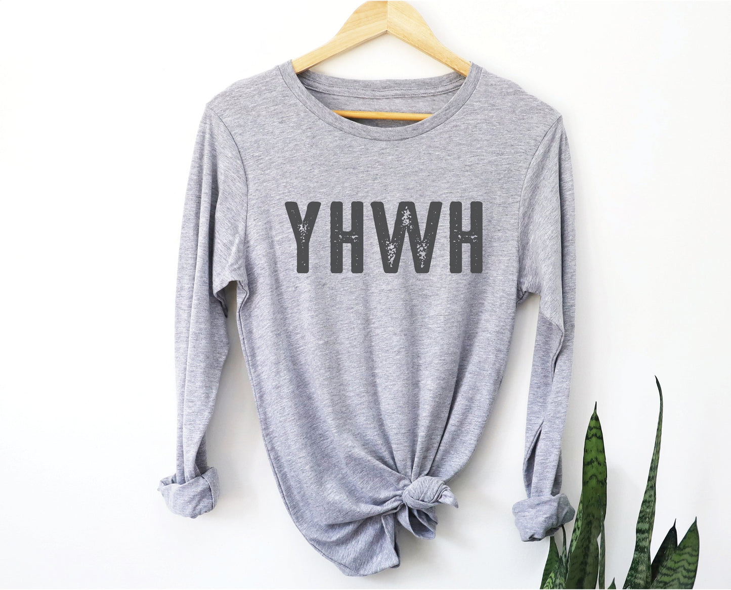 YHWH Hebrew Biblical Name of God Yahweh Christian aesthetic design printed in charcoal on soft heather gray long sleeve tee for men and women