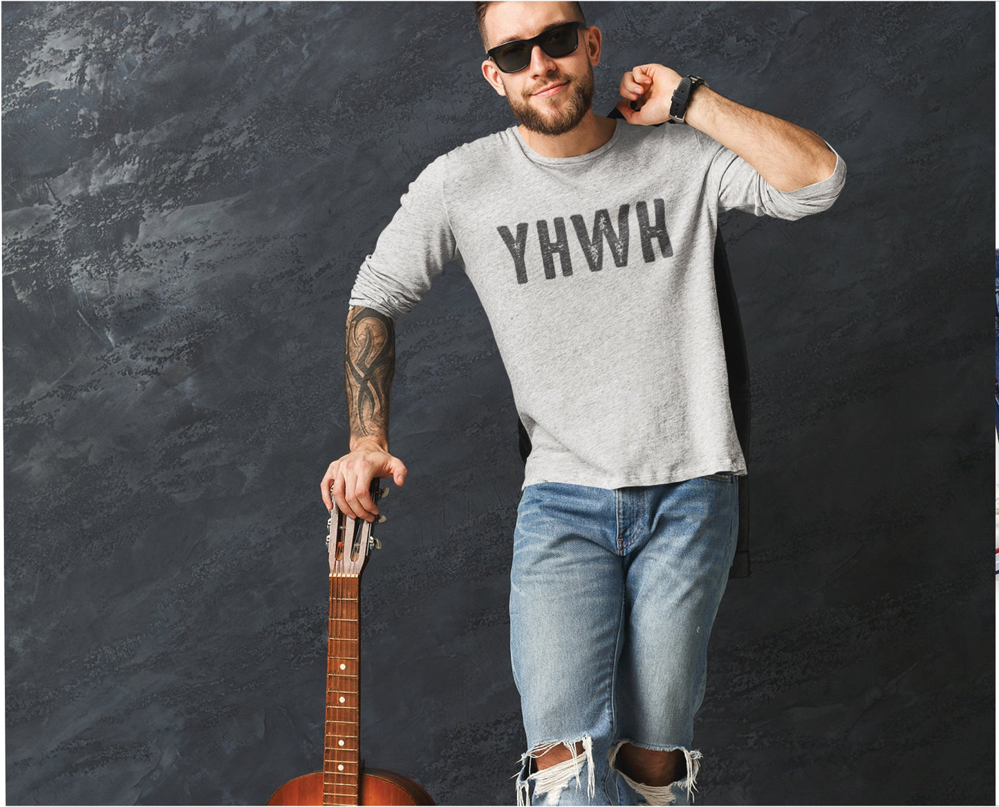 YHWH Hebrew Biblical Name of God Yahweh Christian aesthetic design printed in charcoal on soft heather gray long sleeve tee for men and women