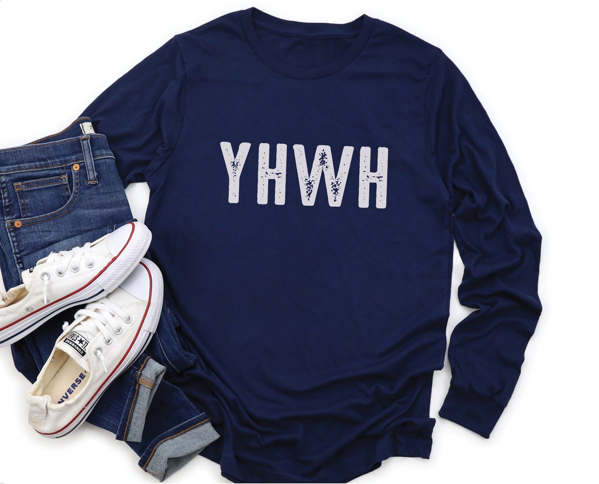 YHWH Hebrew Biblical Name of God Yahweh Christian aesthetic design printed in white distressed lettering on soft navy blue long sleeve tee for men and women