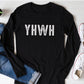 YHWH Hebrew Biblical Name of God Yahweh Christian aesthetic design printed in white distressed lettering on soft black long sleeve tee for men and women
