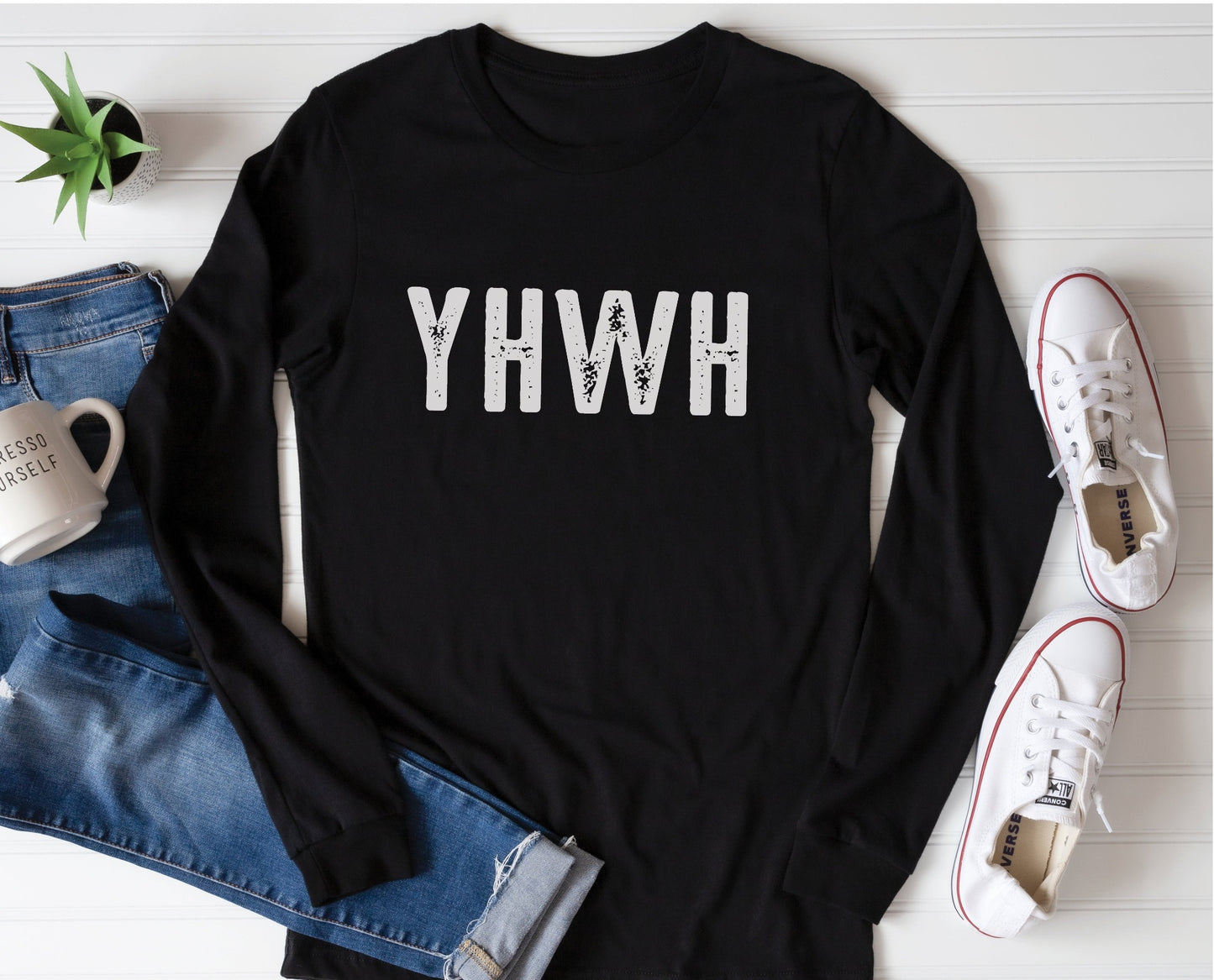 YHWH Hebrew Biblical Name of God Yahweh Christian aesthetic design printed in white distressed lettering on soft black long sleeve tee for men and women