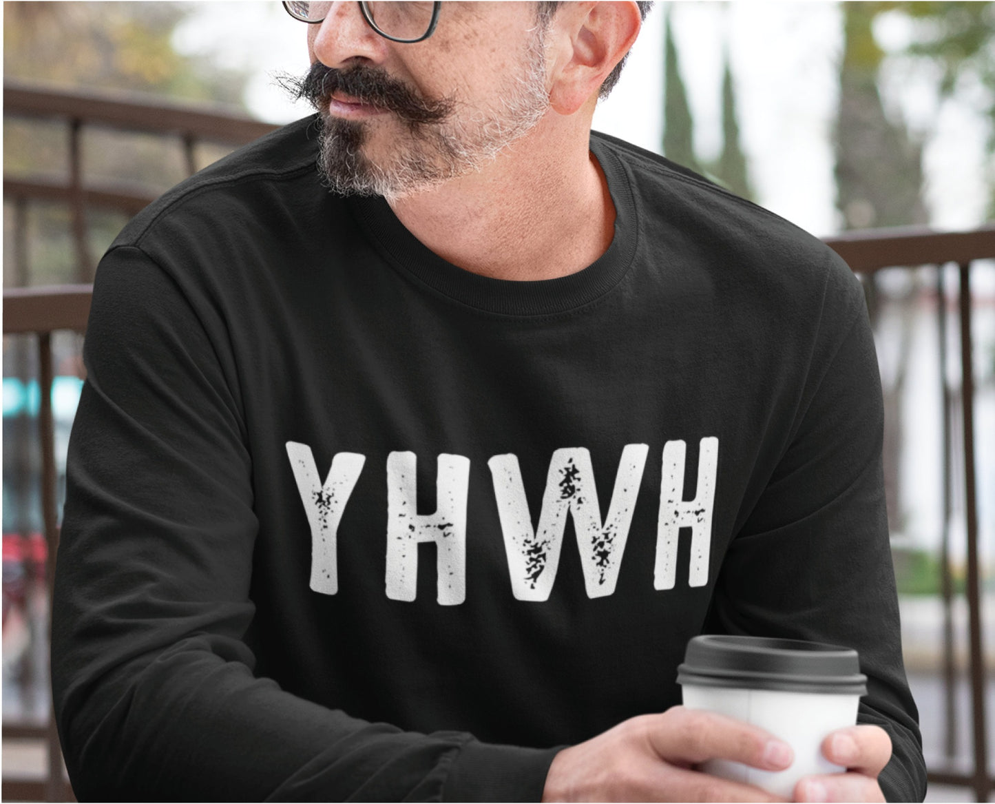 YHWH Hebrew Biblical Name of God Yahweh Christian aesthetic design printed in white distressed lettering on soft black long sleeve tee for men