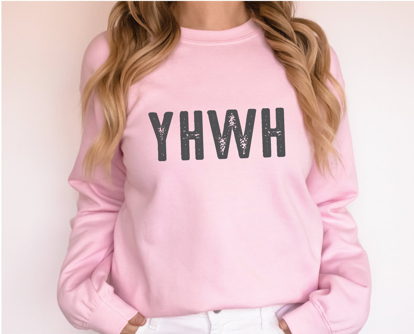 YHWH Hebrew Biblical Name of God Yahweh Christian aesthetic design printed in charcoal on soft light pink unisex crewneck sweatshirt for women