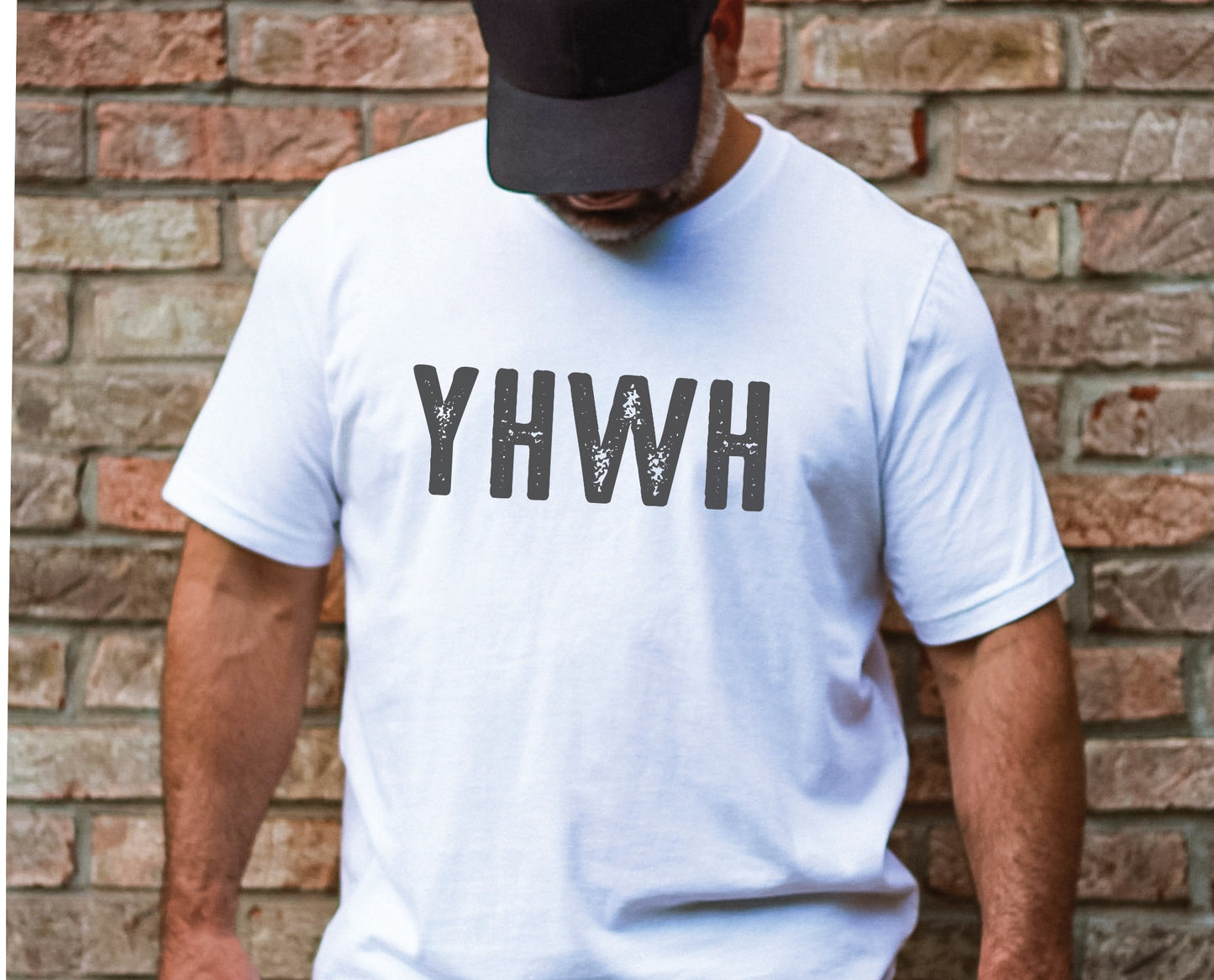 YHWH Hebrew Biblical Name of God Yahweh Christian aesthetic distressed design printed in charcoal on soft white unisex t-shirt for men