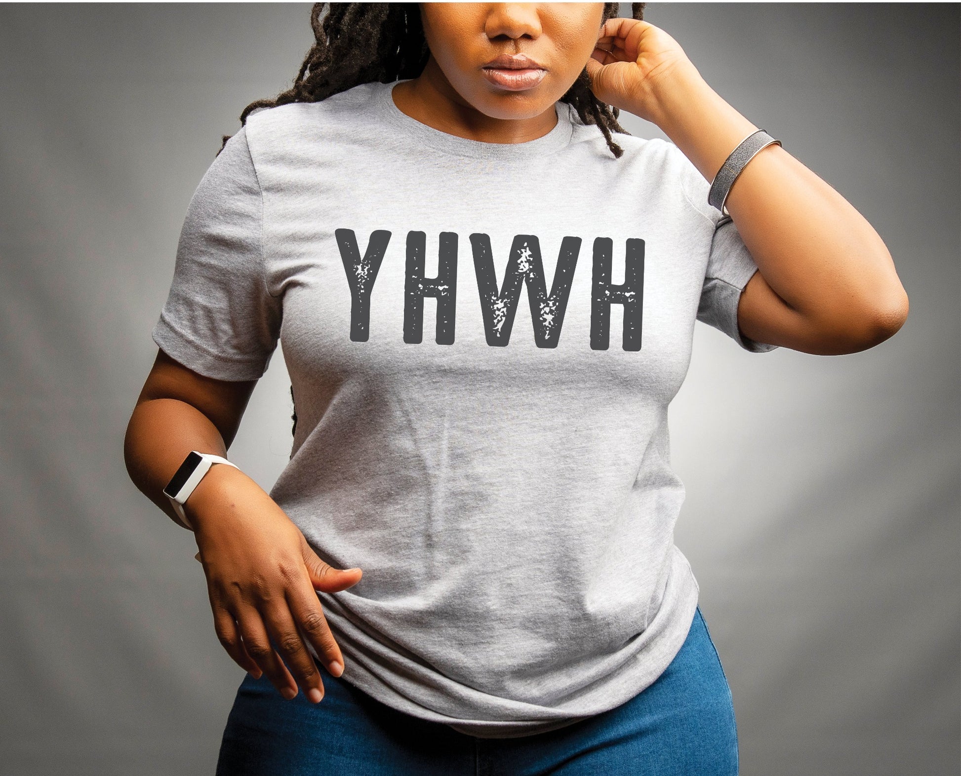 YHWH Hebrew Biblical Name of God Yahweh Christian aesthetic distressed design printed in charcoal on soft heather gray unisex t-shirt for women