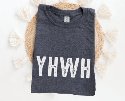 YHWH Hebrew Biblical Name of God Yahweh Christian aesthetic distressed design printed in white on soft heather dark gray unisex t-shirt for men and women