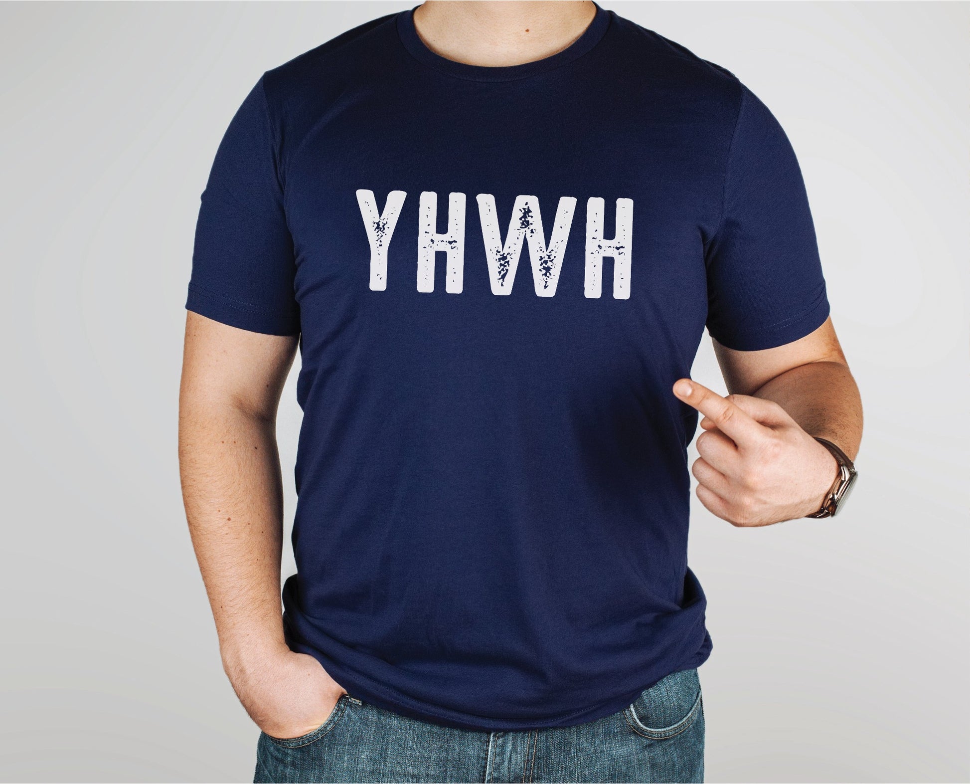 YHWH Hebrew Biblical Name of God Yahweh Christian aesthetic distressed design printed in white on soft navy blue unisex t-shirt for men