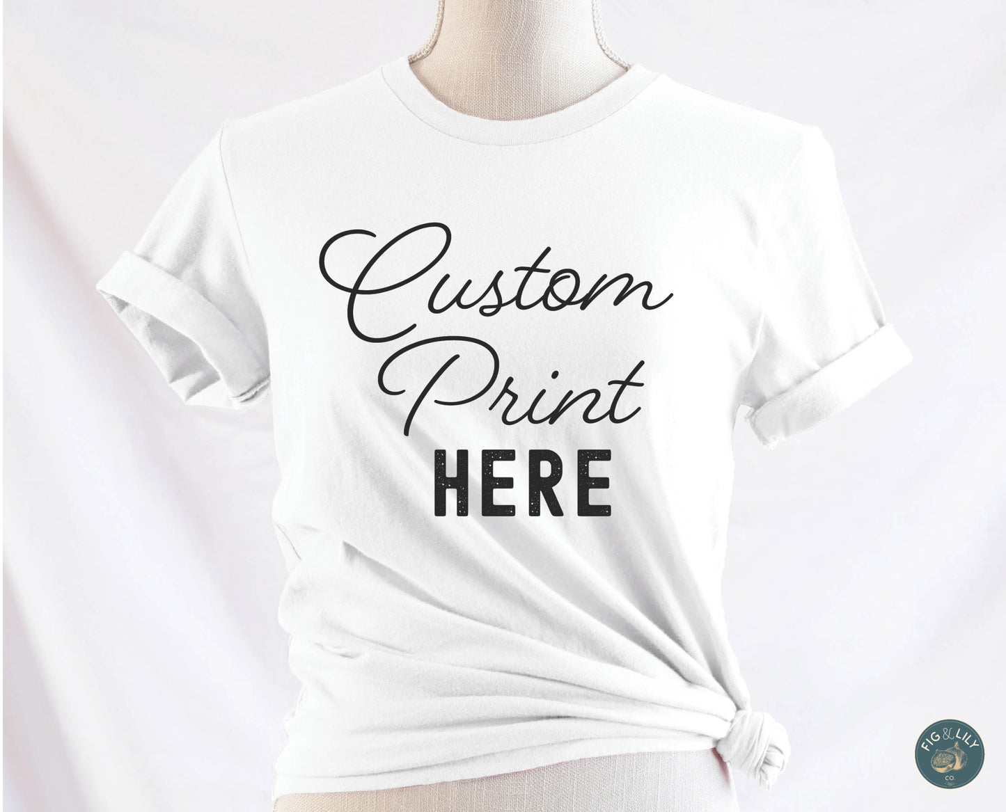 Fig & Lily Co. custom soft white unisex t-shirt with your personalized design printed, custom graphic design tees for men and women