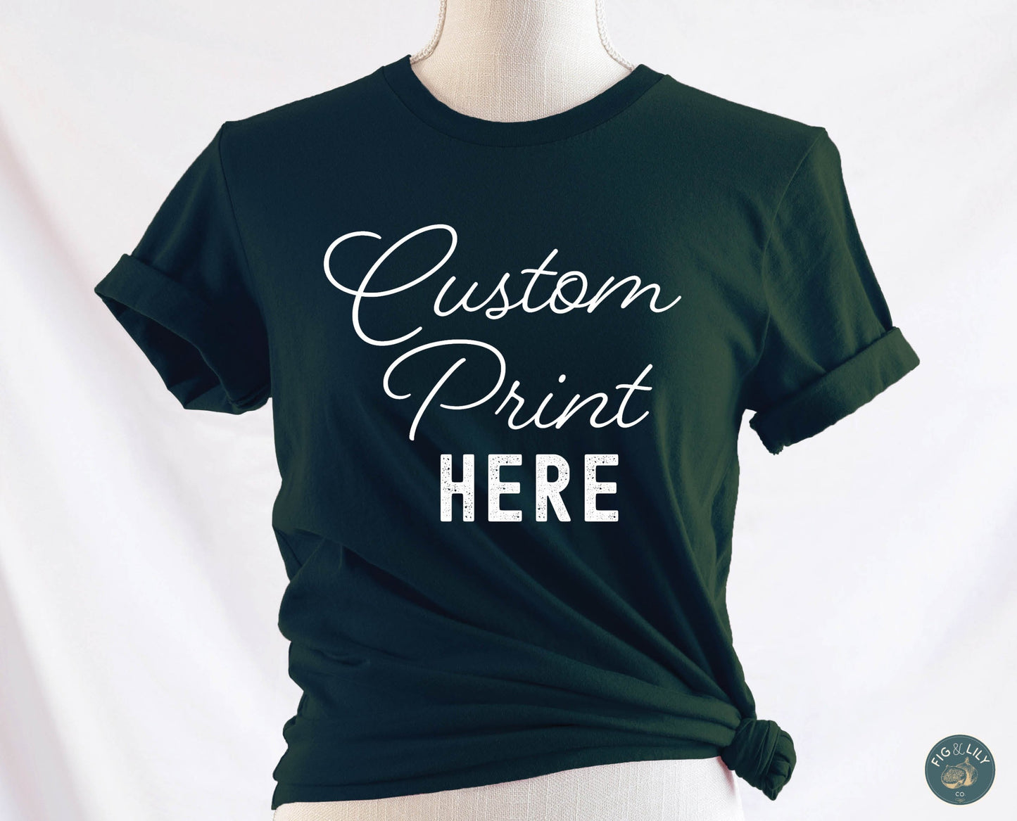 Fig & Lily Co. custom soft forest green unisex t-shirt with your personalized design printed, custom graphic design tees for men and women