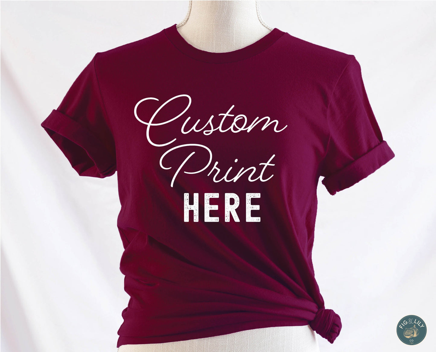 Fig & Lily Co. custom soft maroon burgundy unisex t-shirt with your personalized design printed, custom graphic design tees for men and women