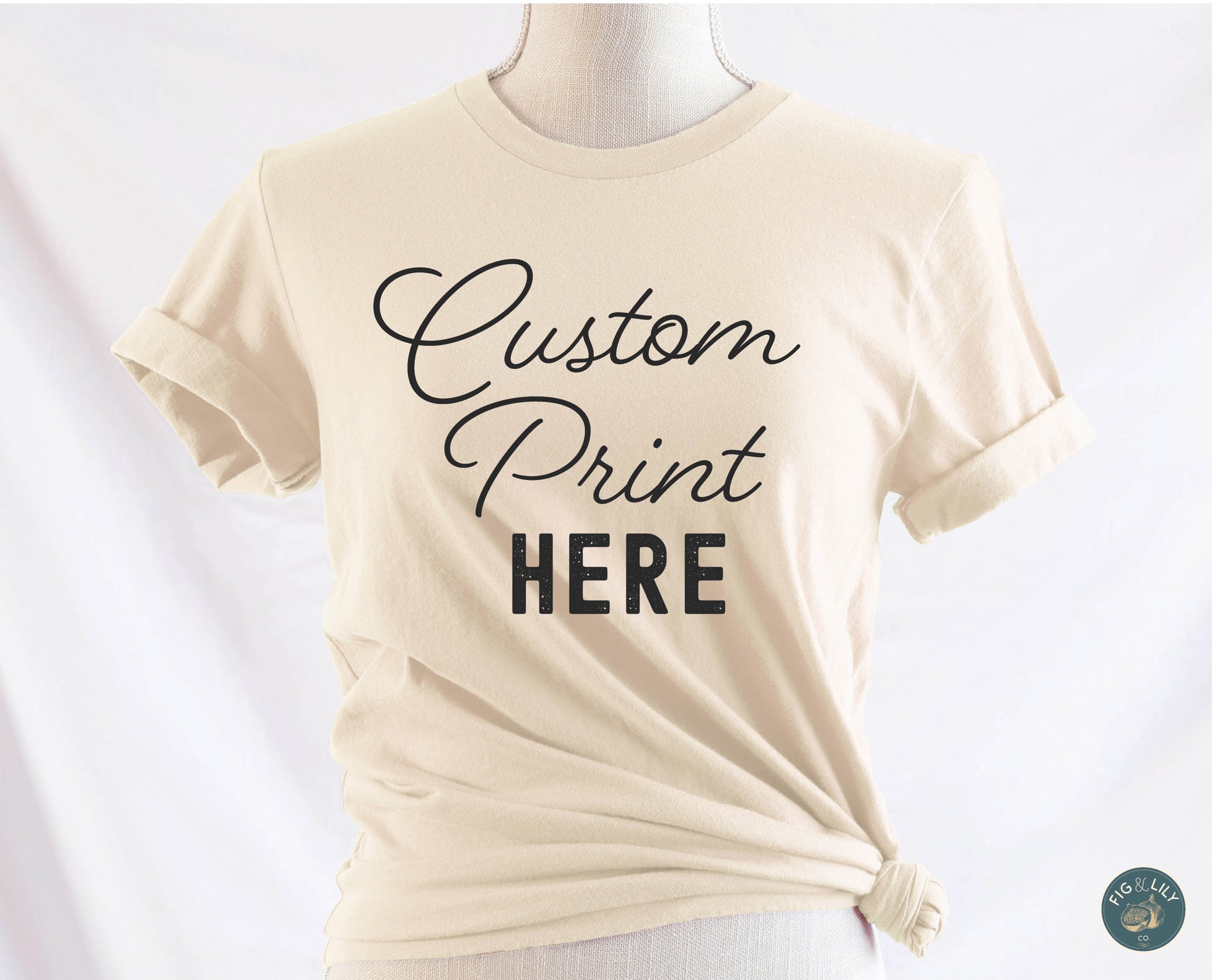 Fig & Lily Co. custom soft cream unisex t-shirt with your personalized design printed, custom graphic design tees for men and women