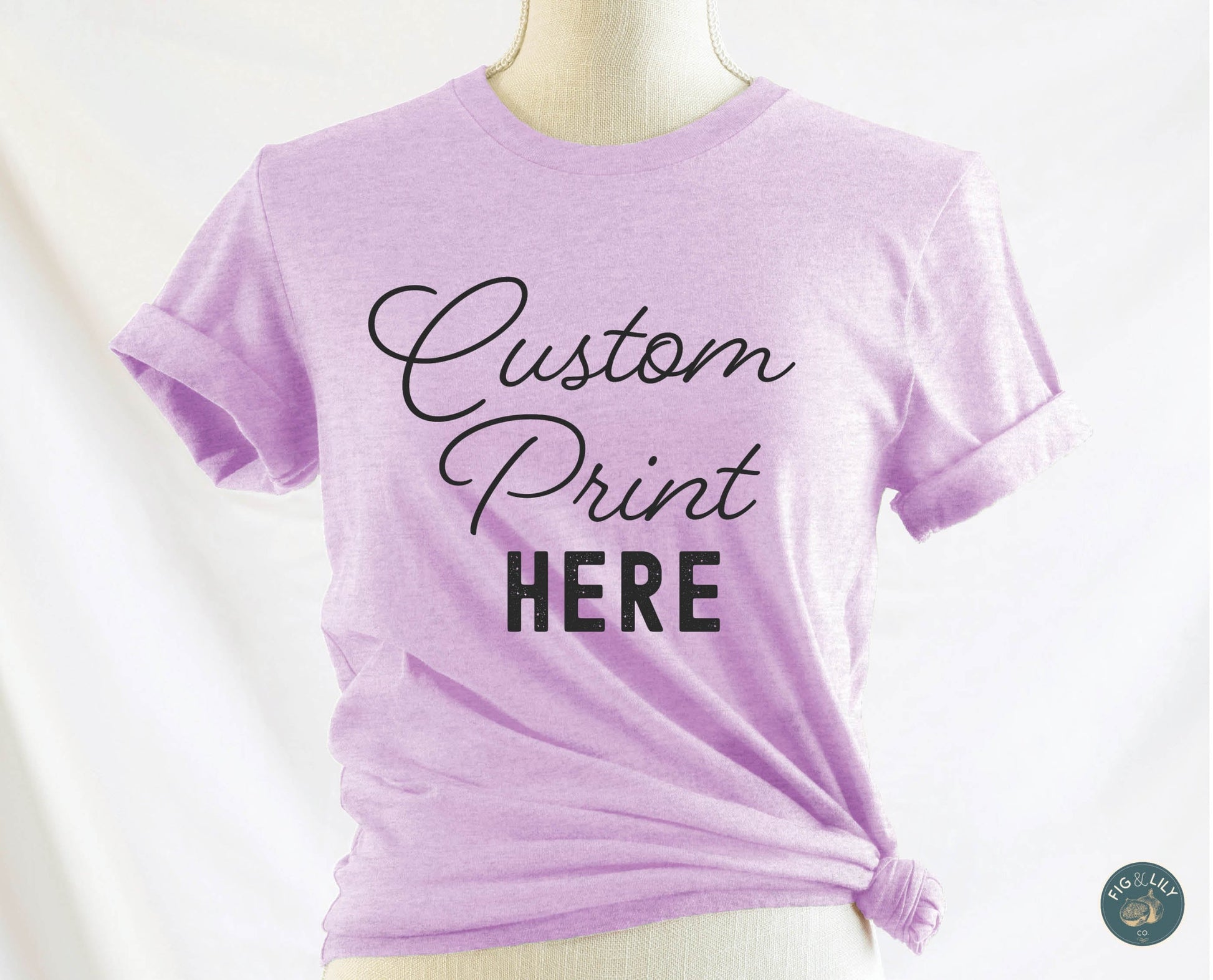 Fig & Lily Co. custom soft heather prism lilac purple unisex t-shirt with your personalized design printed, custom graphic design tees for men and women