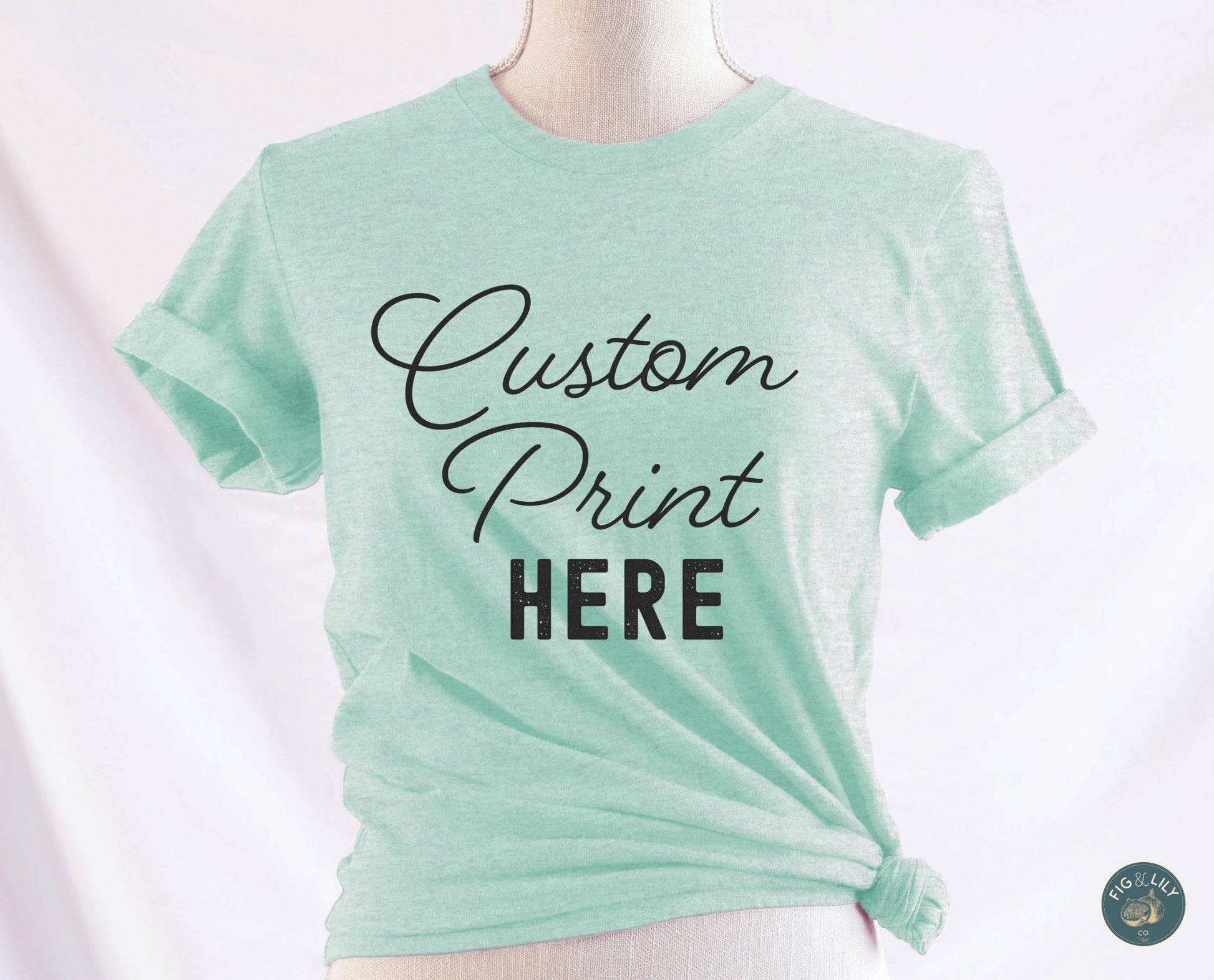 Fig & Lily Co. custom soft heather prism mint green unisex t-shirt with your personalized design printed, custom graphic design tees for men and women
