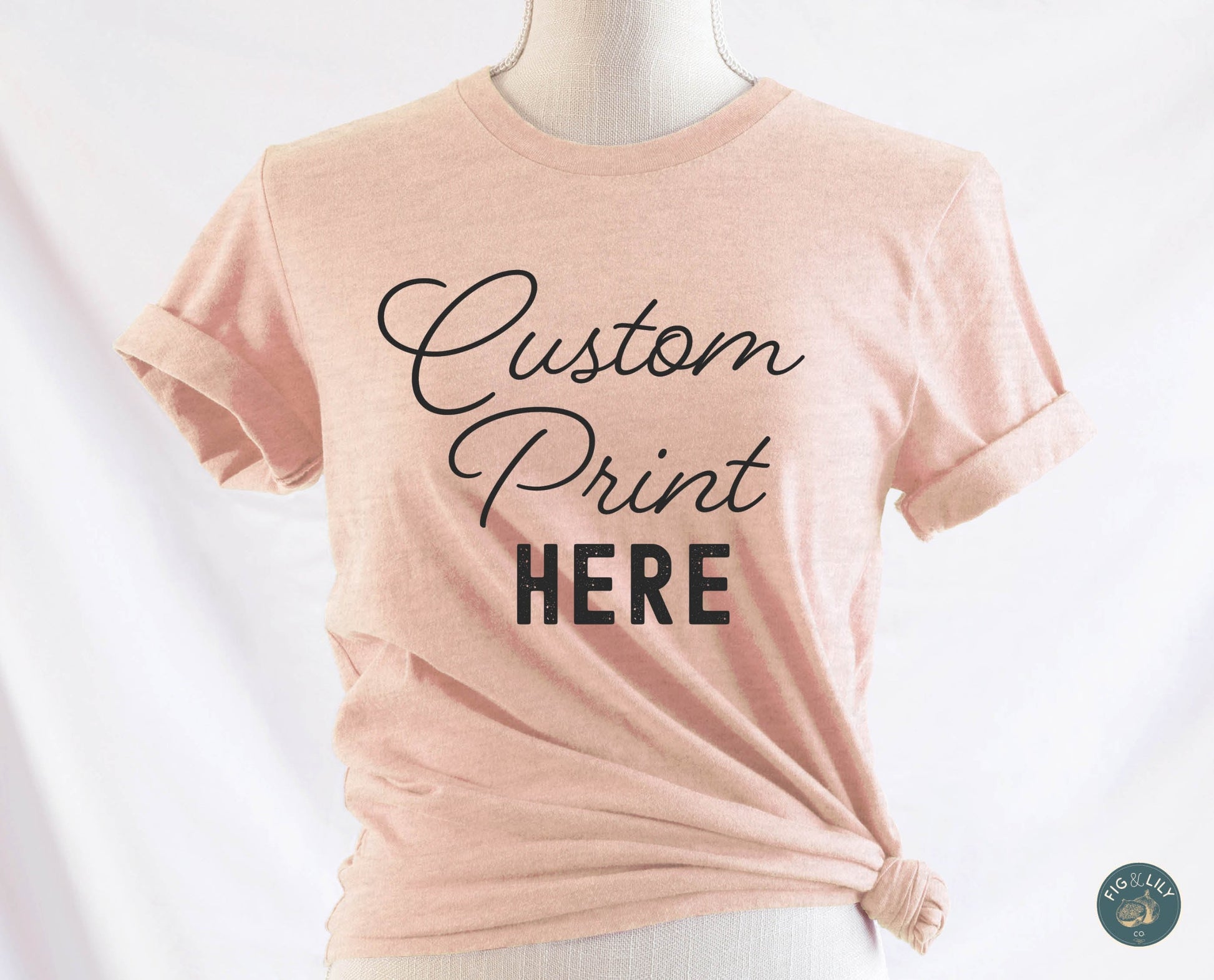 Fig & Lily Co. custom soft heather prism peach unisex t-shirt with your personalized design printed, custom graphic design tees for men and women