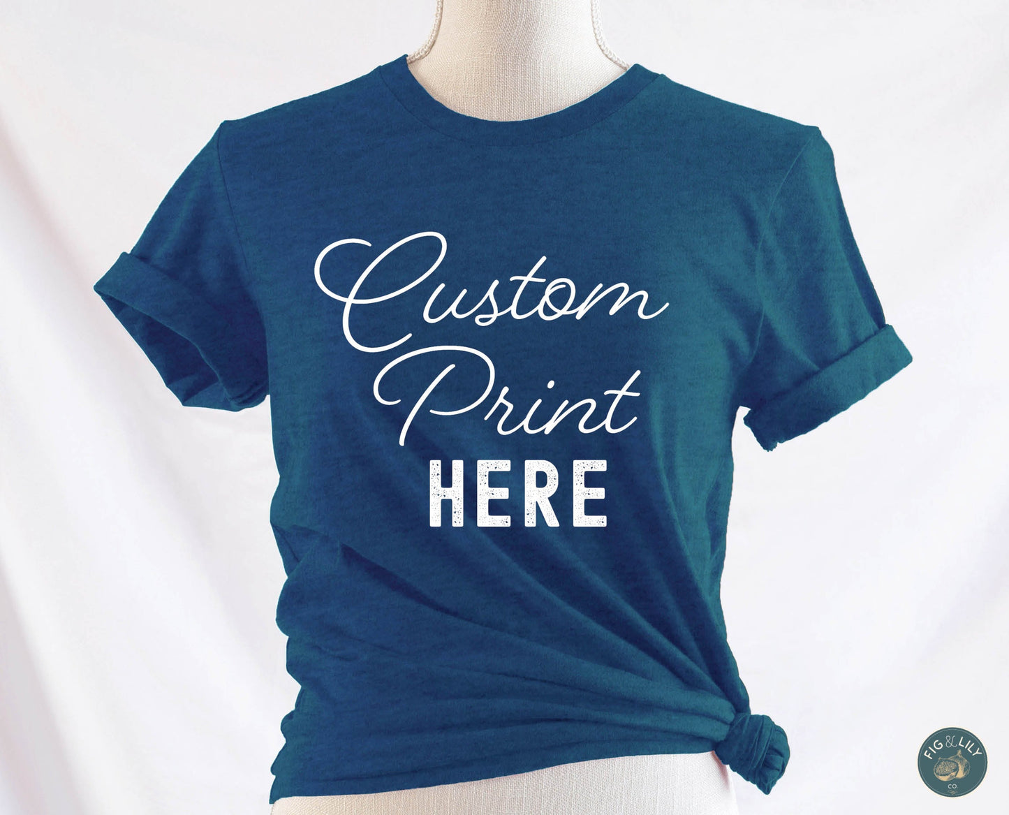 Fig & Lily Co. custom soft heather deep teal blueunisex t-shirt with your personalized design printed, custom graphic design tees for men and women