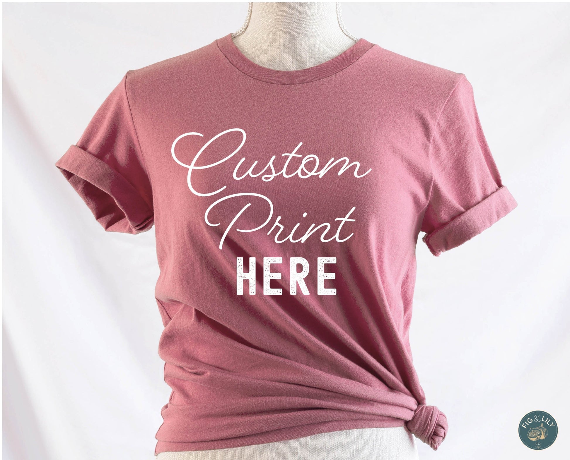Fig & Lily Co. custom soft mavue dusty rose unisex t-shirt with your personalized design printed, custom graphic design tees for men and women