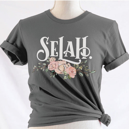 Selah Psalm watercolor floral Christian aesthetic design printed in white peach blush pink on soft asphalt gray t-shirt for women