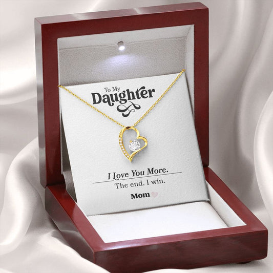 Forever Love Heart Pendant Yellow Gold and Cubic Zirconia Necklace Gift for Daughter with printed message card that says "To My Daughter - I Love You More. The end. I win. Love, Mom" in Luxury LED light mahogany jewelry gift box - perfect for birthday, Mother's Day, or Holiday present