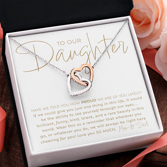 To Our Daughter necklace gift, 2 interlocking hearts necklace in rose gold and surgical steel with personalized heartfelt message card from mom and dad, with jewelry gift box