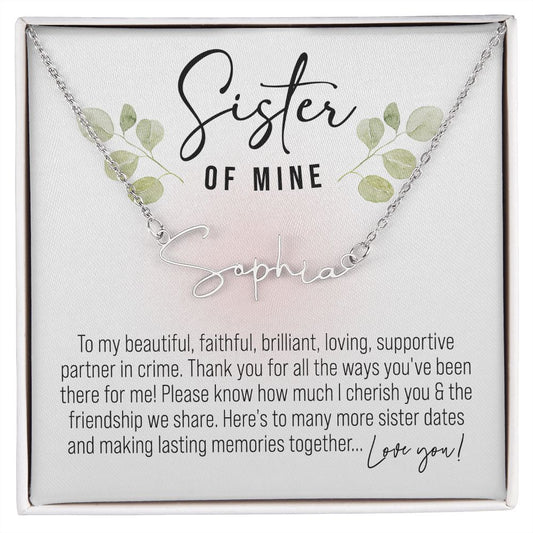 Stainless steel silver Personalized signature style name necklace gift for sister of mine with watercolor eucalyptus leaves and funny heart-warming message card in jewelry gift box