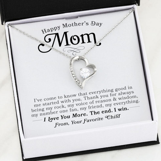 Happy Mother's Day Mom Forever Love Heart Silver Necklace Gift with heartfelt and funny message card that says, thank you I love you more, the end, I win, from your favorite child with jewelry gift box