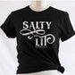 Salty And Lit Matthew 5:13-14 bible verse funny Christian T-Shirt design printed in white on soft black tee for women