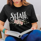 Selah Psalm bible verse watercolor floral Christian aesthetic design printed in white peach blush pink on soft black t-shirt for women