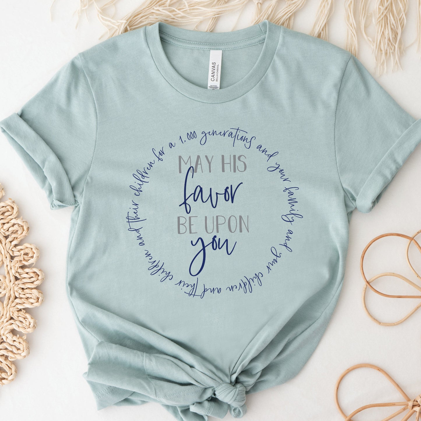 May His Favor Be Upon family & children Numbers 6 The Blessing Christian aesthetic circle design printed on soft heather dusty blue t-shirt for women