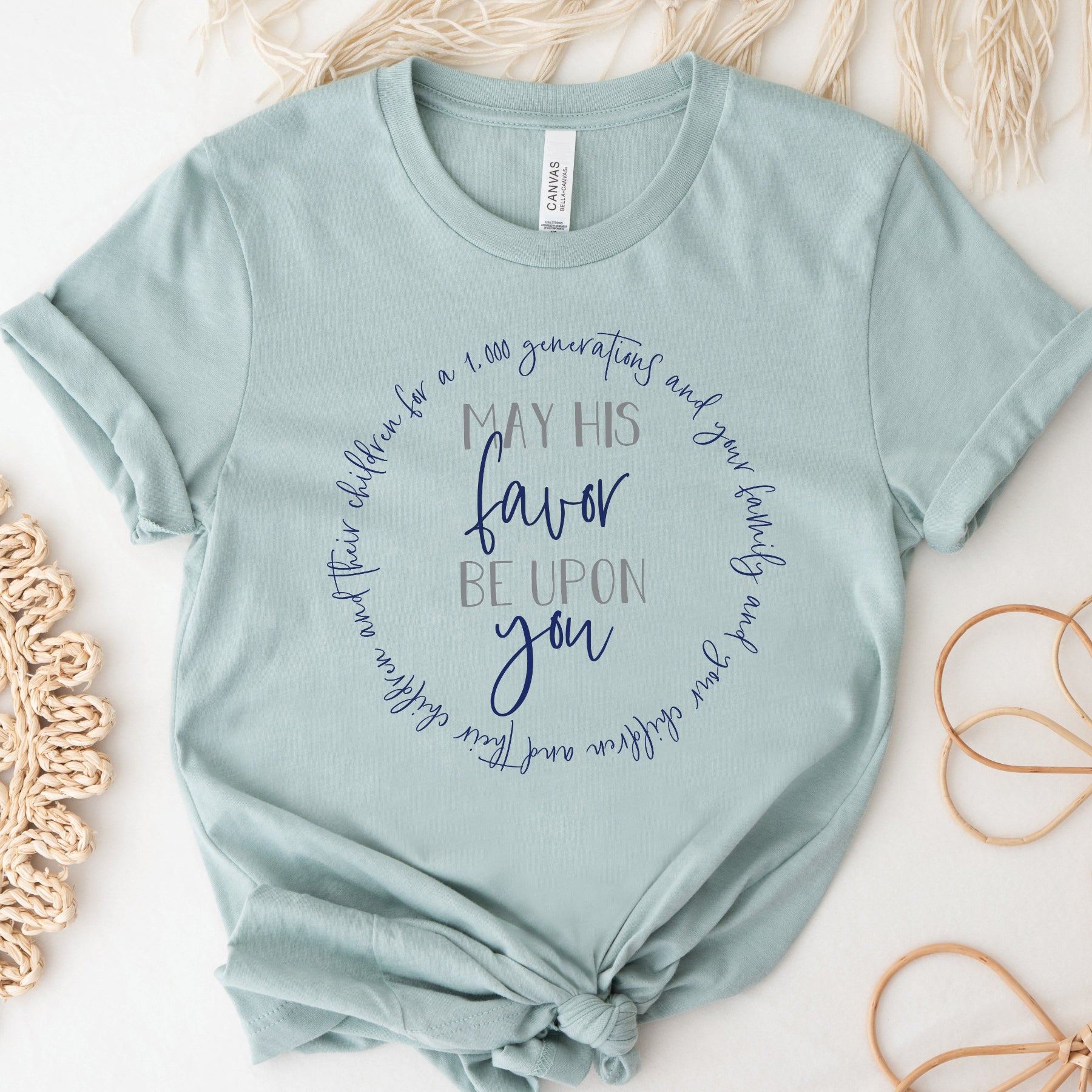May His Favor Be Upon family & children Numbers 6 The Blessing Christian aesthetic circle design printed on soft heather dusty blue t-shirt for women