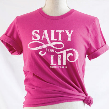 Salty And Lit Matthew 5:13-14 bible verse funny Christian T-Shirt design printed in white on soft berry hot pink tee for women