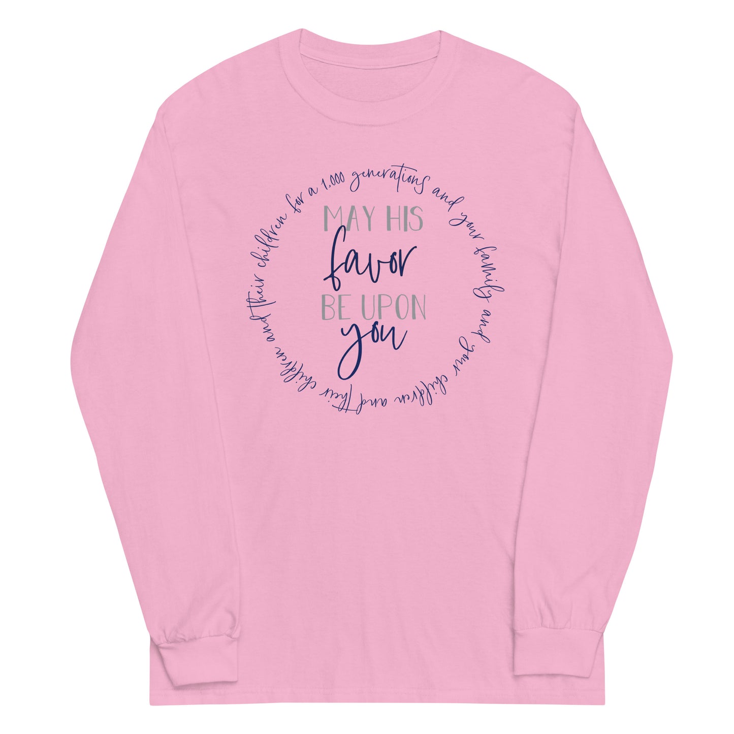 May His Favor Be Upon You Numbers 6 Blessing Christian aesthetic design printed in navy and gray on soft pink long sleeve tee for women
