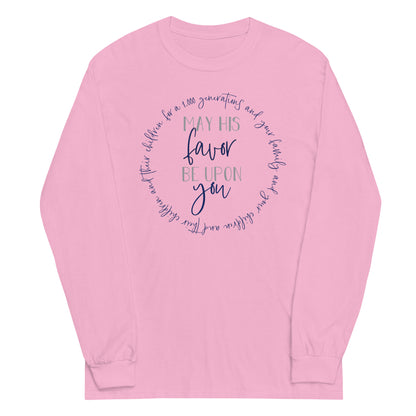 May His Favor Be Upon You Numbers 6 Blessing Christian aesthetic design printed in navy and gray on soft pink long sleeve tee for women