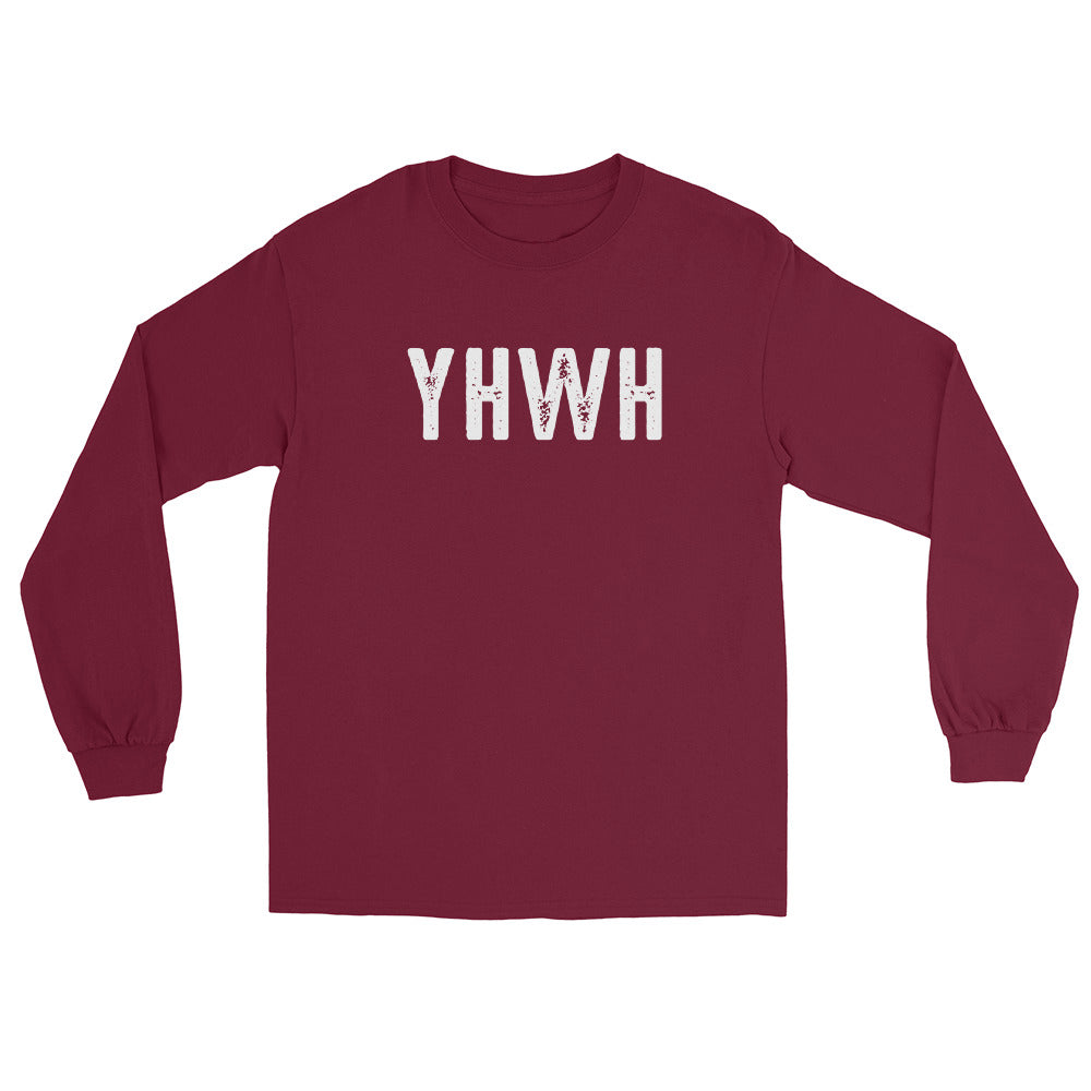 YHWH Hebrew Biblical Name of God Yahweh Christian aesthetic design printed in white distressed lettering on soft maroon long sleeve tee for men and women