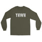 YHWH Hebrew Biblical Name of God Yahweh Christian aesthetic design printed in white distressed lettering on soft military green long sleeve tee for men and women