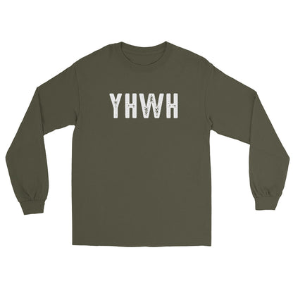 YHWH Hebrew Biblical Name of God Yahweh Christian aesthetic design printed in white distressed lettering on soft military green long sleeve tee for men and women