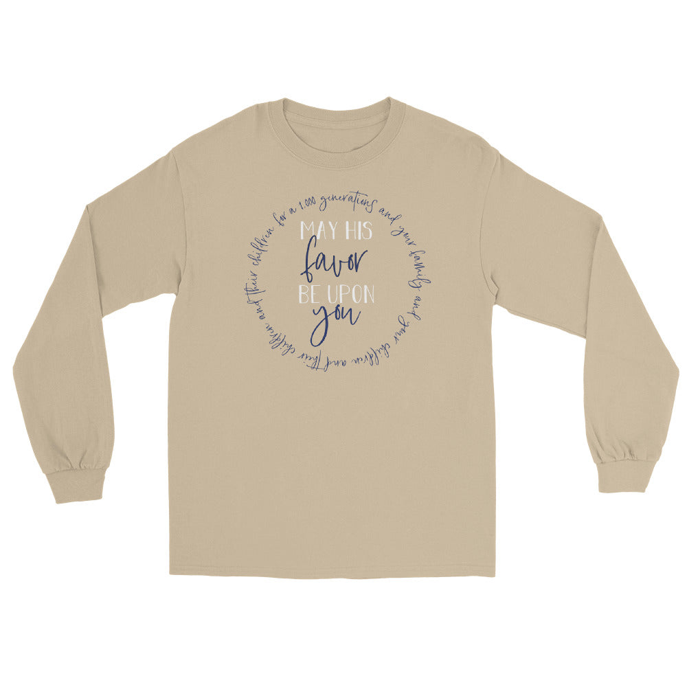 May His Favor Be Upon You Numbers 6 Family Blessing Christian aesthetic printed in navy and white on soft sand long sleeve tee for women