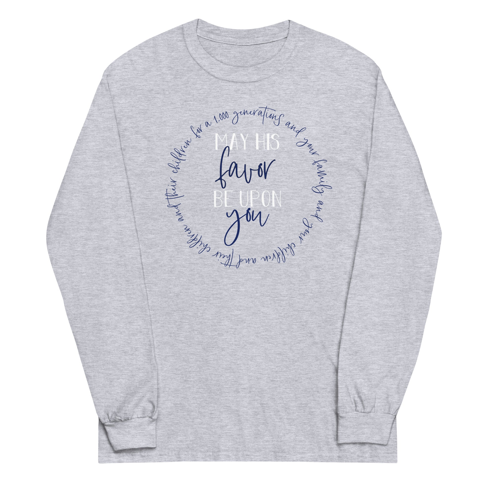 May His Favor Be Upon You Numbers 6 Blessing Christian aesthetic design printed in navy and white on soft heather gray long sleeve tee for women