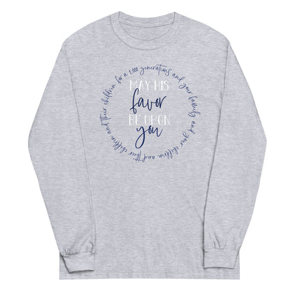 May His Favor Be Upon You Numbers 6 Blessing Christian aesthetic design printed in navy and white on soft heather gray long sleeve tee for women