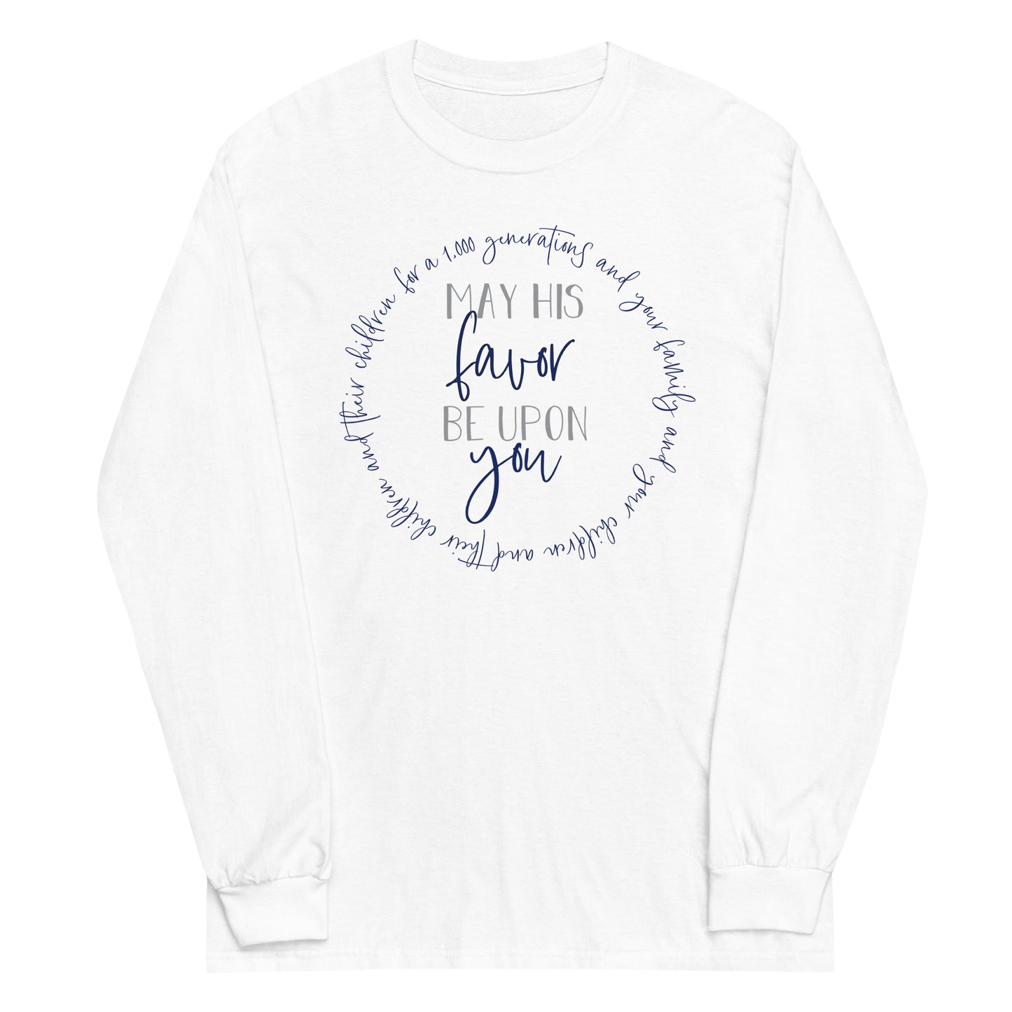 May His Favor Be Upon You Numbers 6 Blessing Christian aesthetic design printed in navy and gray on white soft long sleeve tee for women