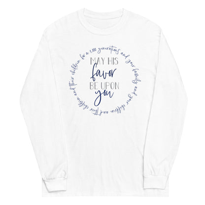 May His Favor Be Upon You Numbers 6 Blessing Christian aesthetic design printed in navy and gray on white soft long sleeve tee for women