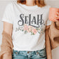 Selah Psalm bible verse watercolor floral Christian aesthetic design printed in charcoal gray, peach, blush pink, on soft white t-shirt for women